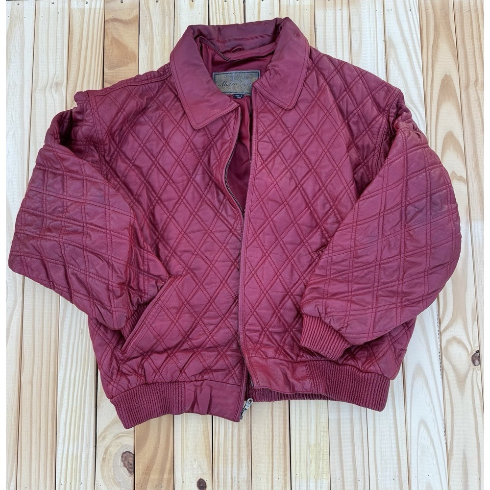 Alamo‎ Uomo Men's XL Red Genuine Leather Bomber Jacket Quilted Look